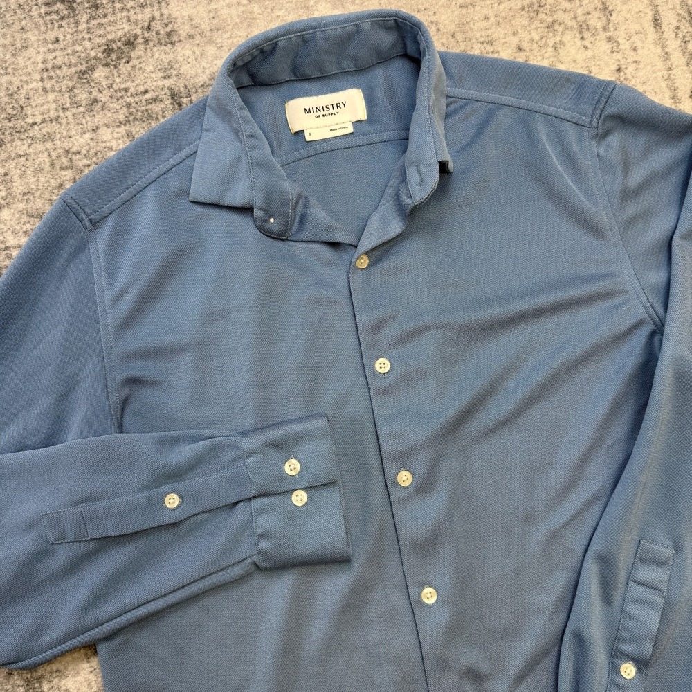Ministry of Supply Apollo Shirt Mens Small Blue Pique Knit Stretch Tech Commuter